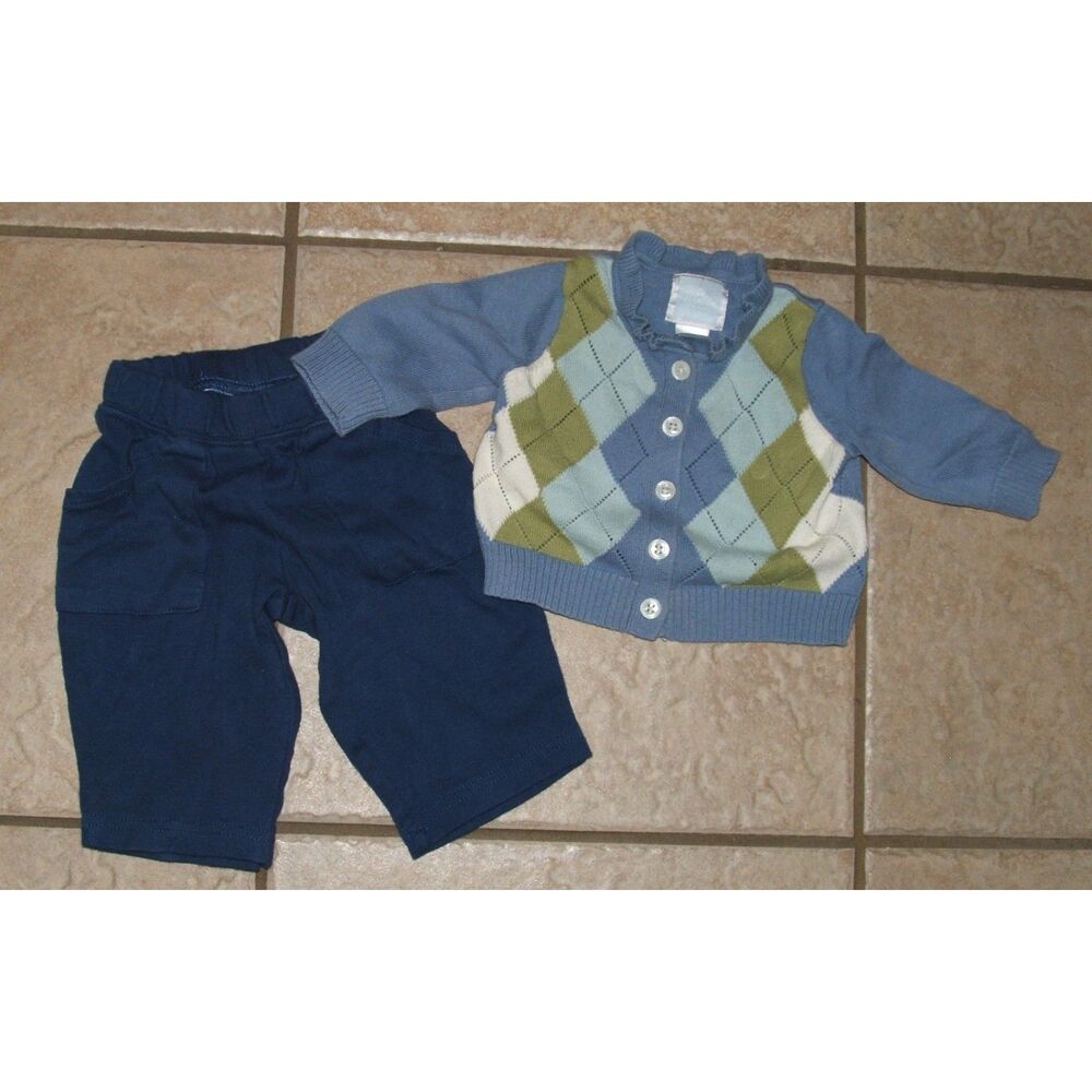 Girls Sz 0-3 Months Argyle Cardigan Sweater & Blue Pants 2 Pc Outfit OLD NAVY